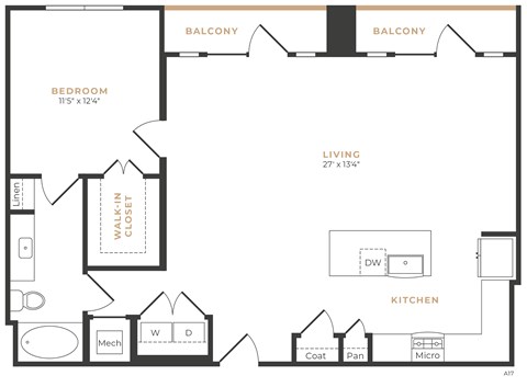 Floor plan for 1 bed, 1 bath, 1033 sqft